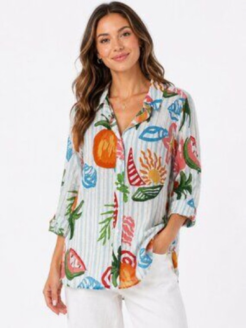 Calypso St. Barth Tropical and Stripe Print Button Down Top Size XL